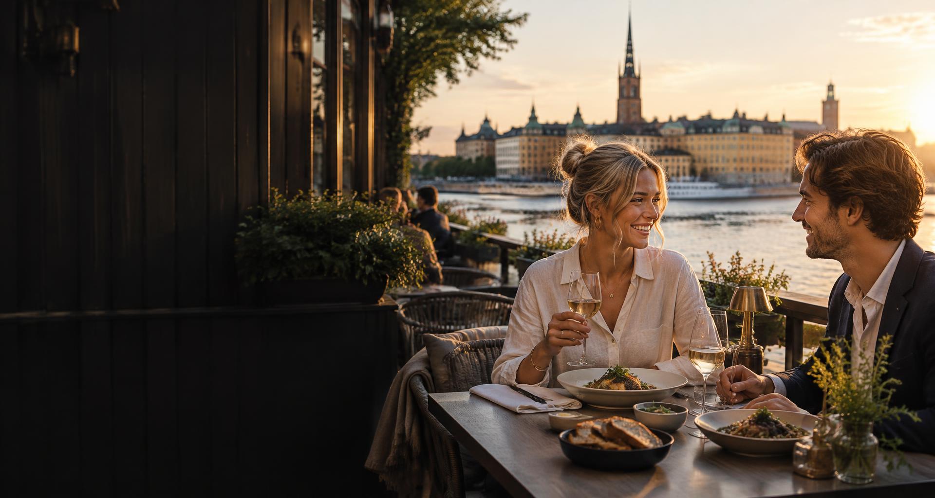 Två vänner delar en middag vid vattnet